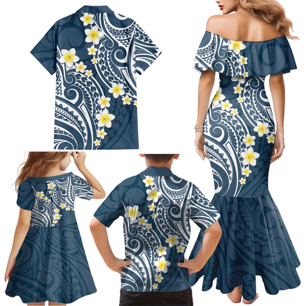 Plumeria With Blue Polynesian Tattoo Pattern Family Matching Mermaid Dress and Hawaiian Shirt