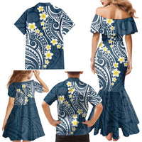 Plumeria With Blue Polynesian Tattoo Pattern Family Matching Mermaid Dress and Hawaiian Shirt