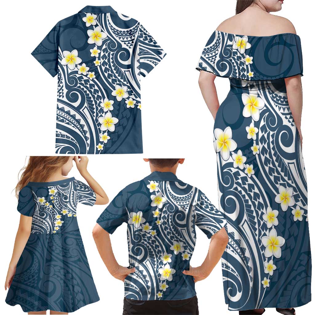 Plumeria With Blue Polynesian Tattoo Pattern Family Matching Off Shoulder Maxi Dress and Hawaiian Shirt