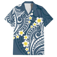 Plumeria With Blue Polynesian Tattoo Pattern Family Matching Off Shoulder Maxi Dress and Hawaiian Shirt