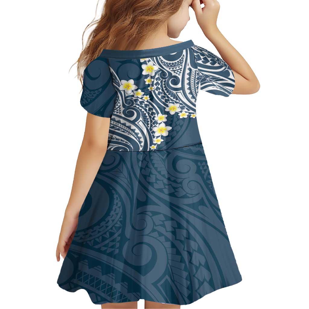 Plumeria With Blue Polynesian Tattoo Pattern Family Matching Short Sleeve Bodycon Dress and Hawaiian Shirt
