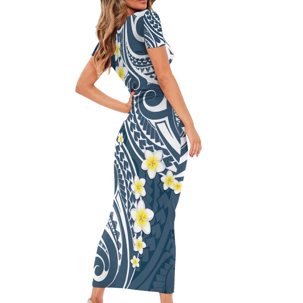 Plumeria With Blue Polynesian Tattoo Pattern Family Matching Short Sleeve Bodycon Dress and Hawaiian Shirt