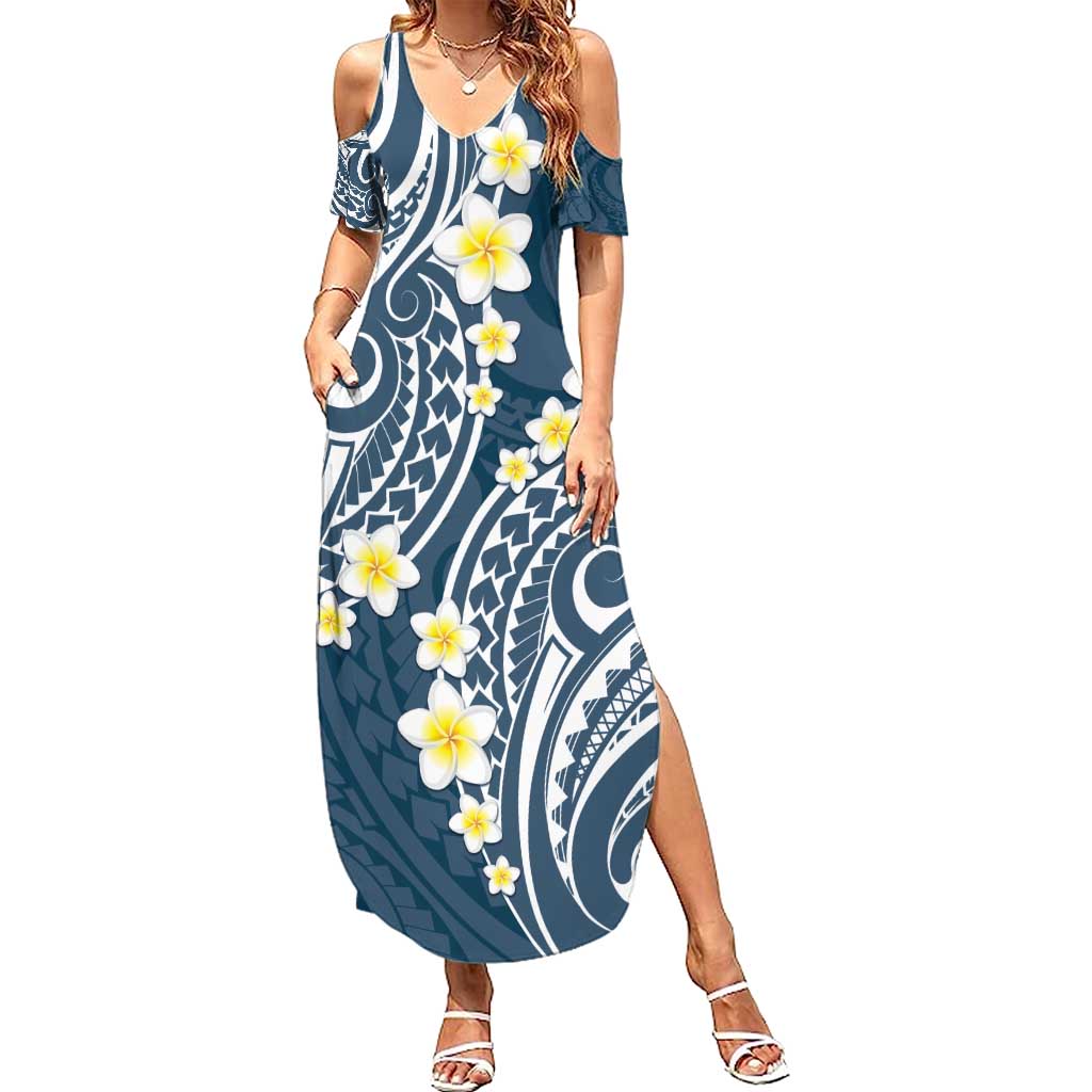 Plumeria With Blue Polynesian Tattoo Pattern Family Matching Summer Maxi Dress and Hawaiian Shirt