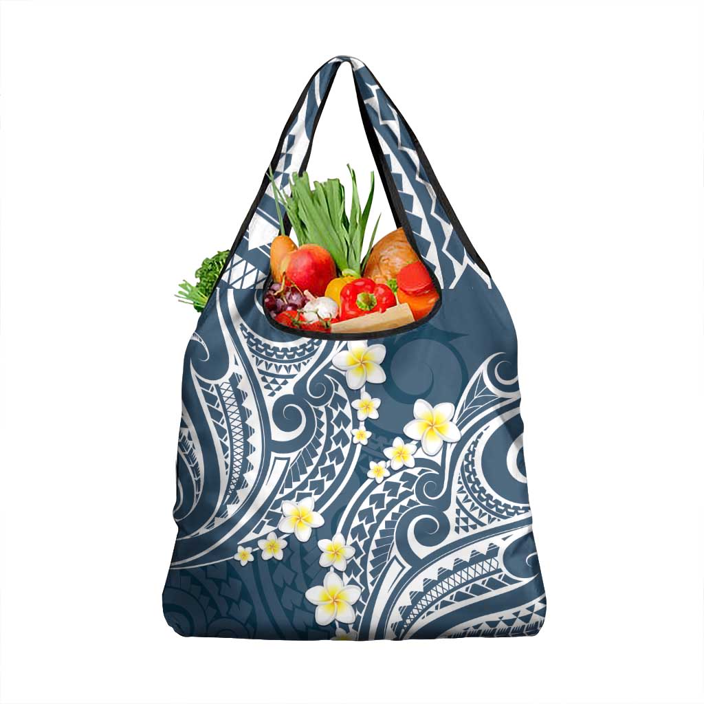 Plumeria With Blue Polynesian Tattoo Pattern Grocery Bag