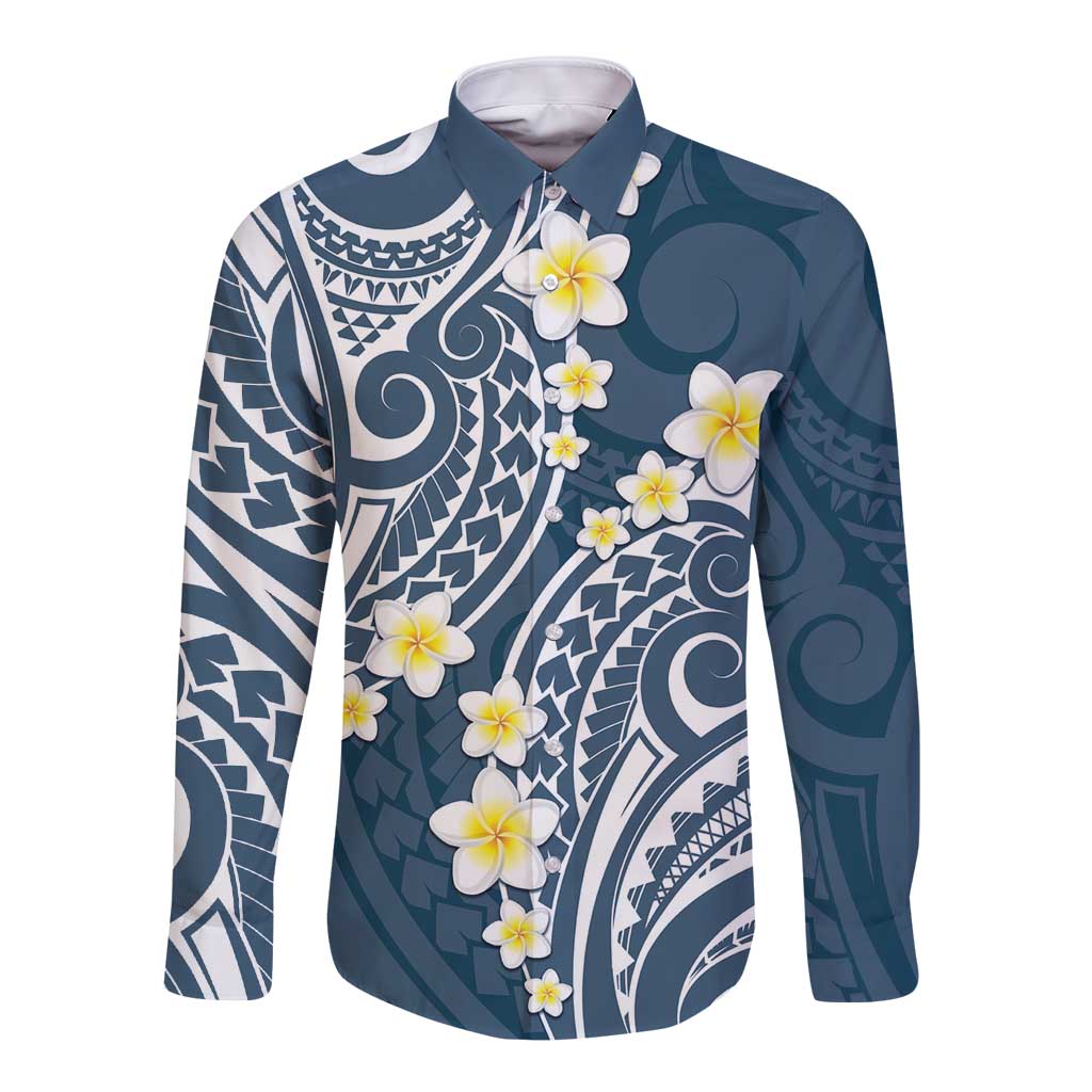Plumeria With Blue Polynesian Tattoo Pattern Long Sleeve Button Shirt LT05 Unisex Blue - Polynesian Pride