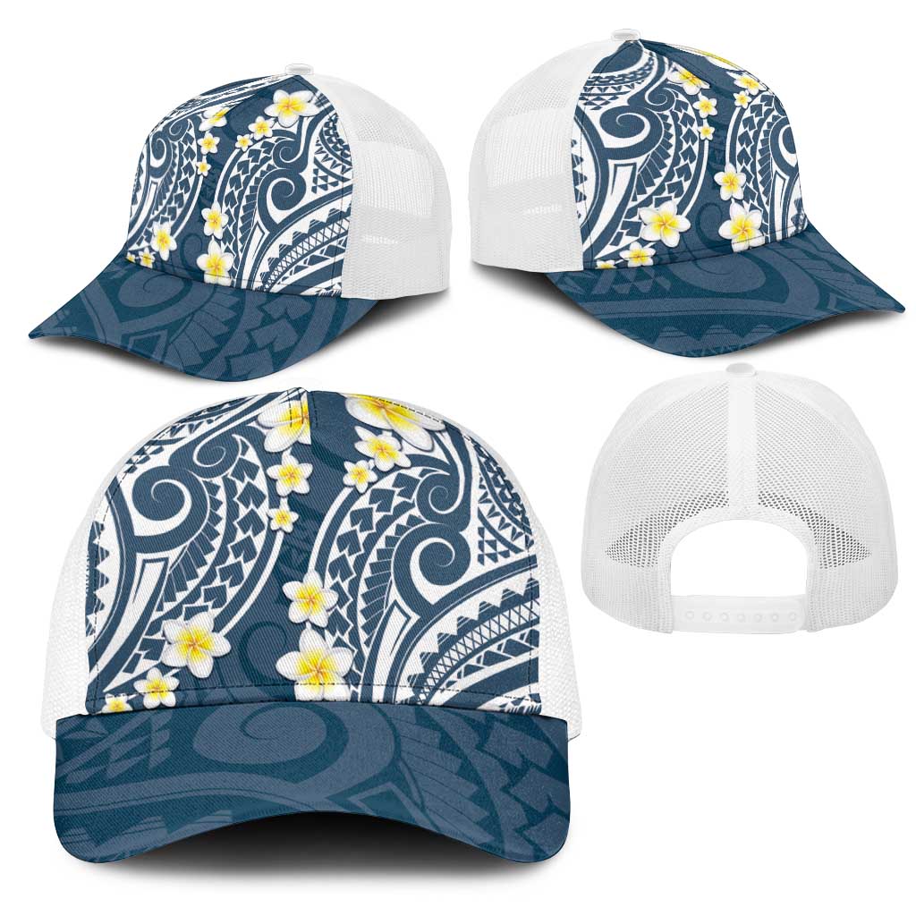 Plumeria With Blue Polynesian Tattoo Pattern Mesh Trucker Cap - Polynesian Pride