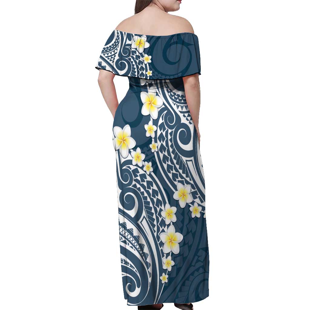Plumeria With Blue Polynesian Tattoo Pattern Off Shoulder Maxi Dress