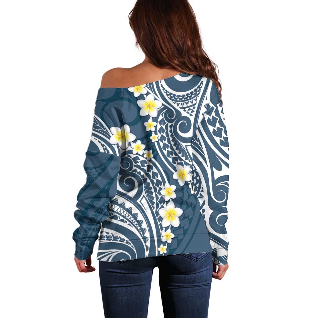 Plumeria With Blue Polynesian Tattoo Pattern Off Shoulder Sweater