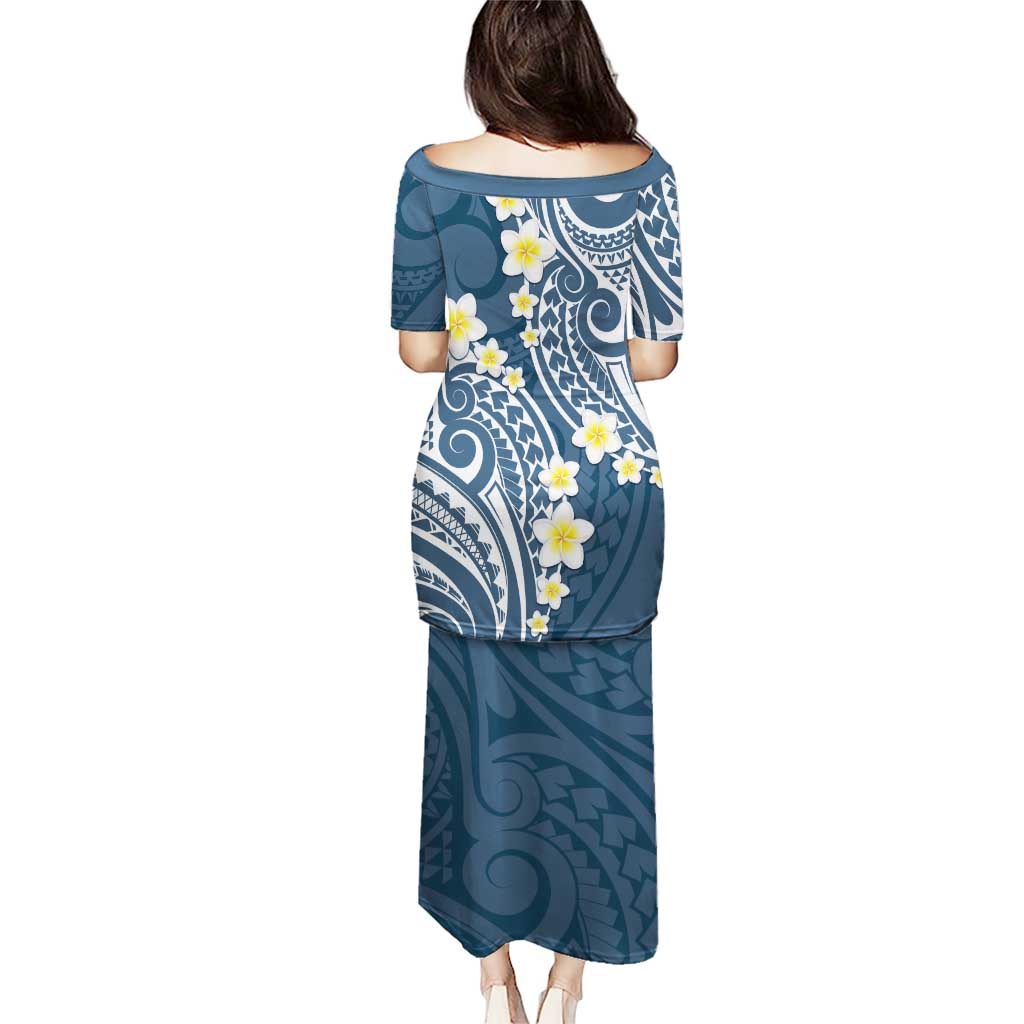 Plumeria With Blue Polynesian Tattoo Pattern Puletasi