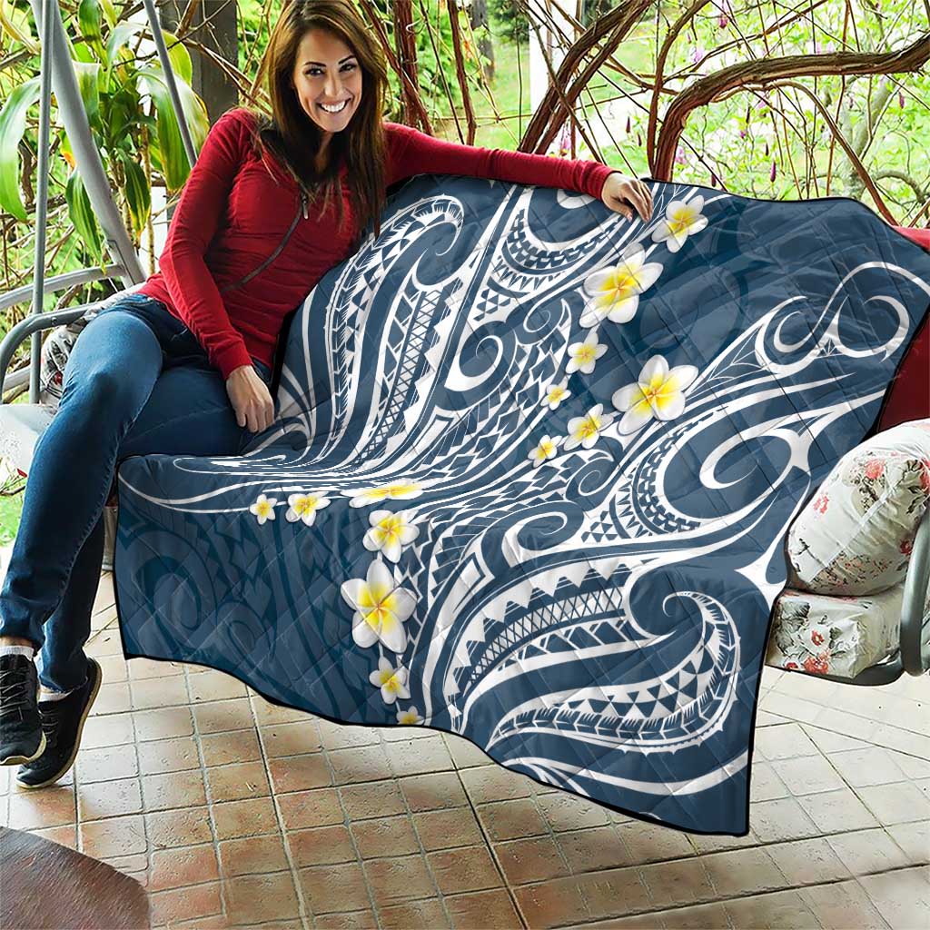 Plumeria With Blue Polynesian Tattoo Pattern Quilt