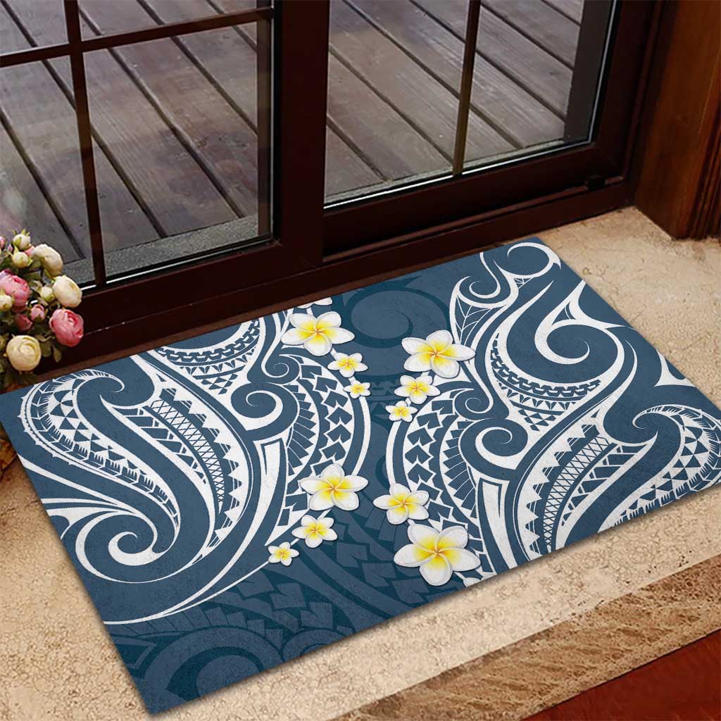 Plumeria With Blue Polynesian Tattoo Pattern Rubber Doormat