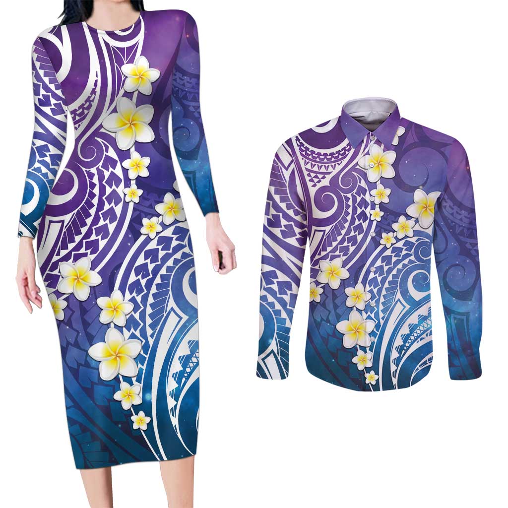 Plumeria With Galaxy Polynesian Tattoo Pattern Couples Matching Long Sleeve Bodycon Dress and Long Sleeve Button Shirt