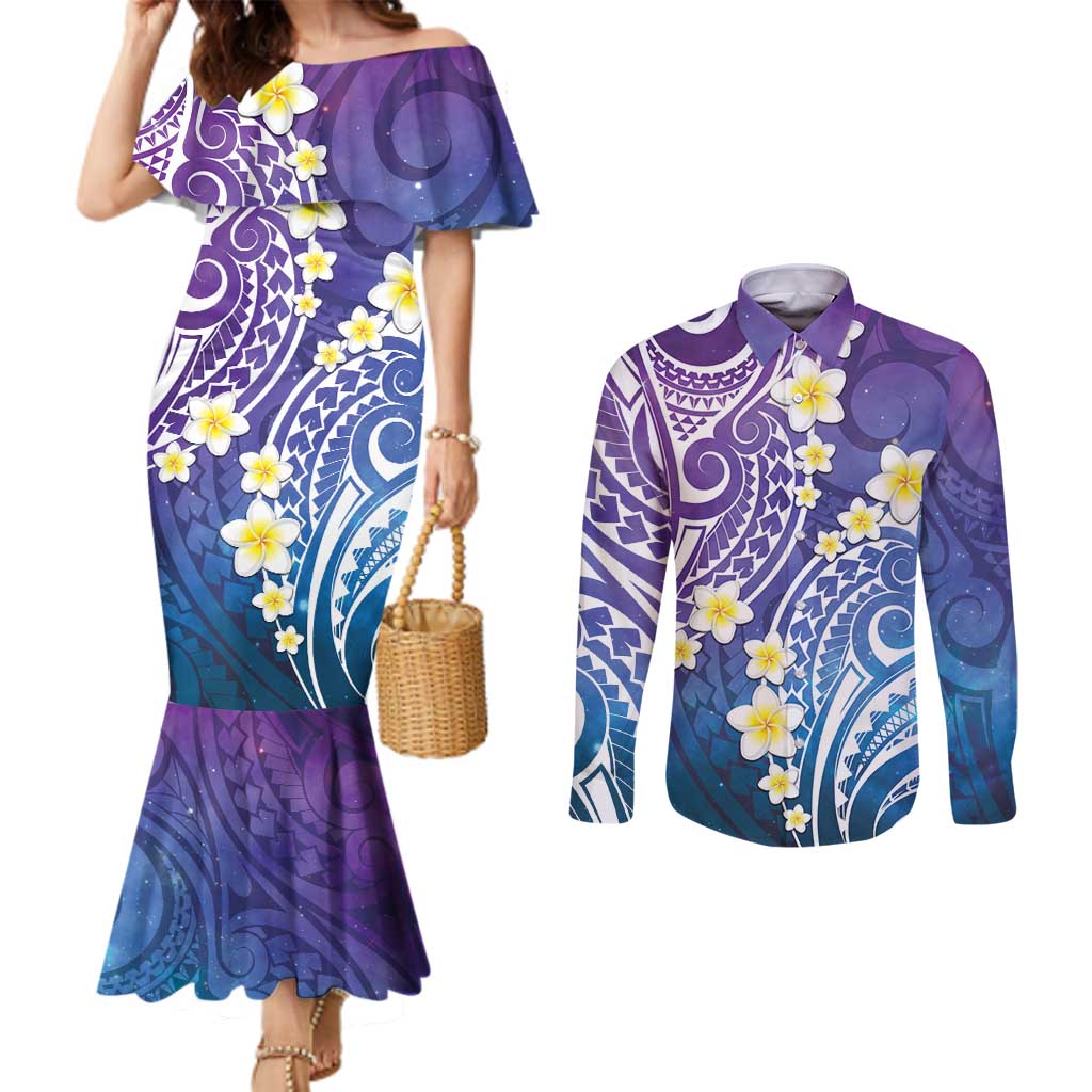 Plumeria With Galaxy Polynesian Tattoo Pattern Couples Matching Mermaid Dress and Long Sleeve Button Shirt