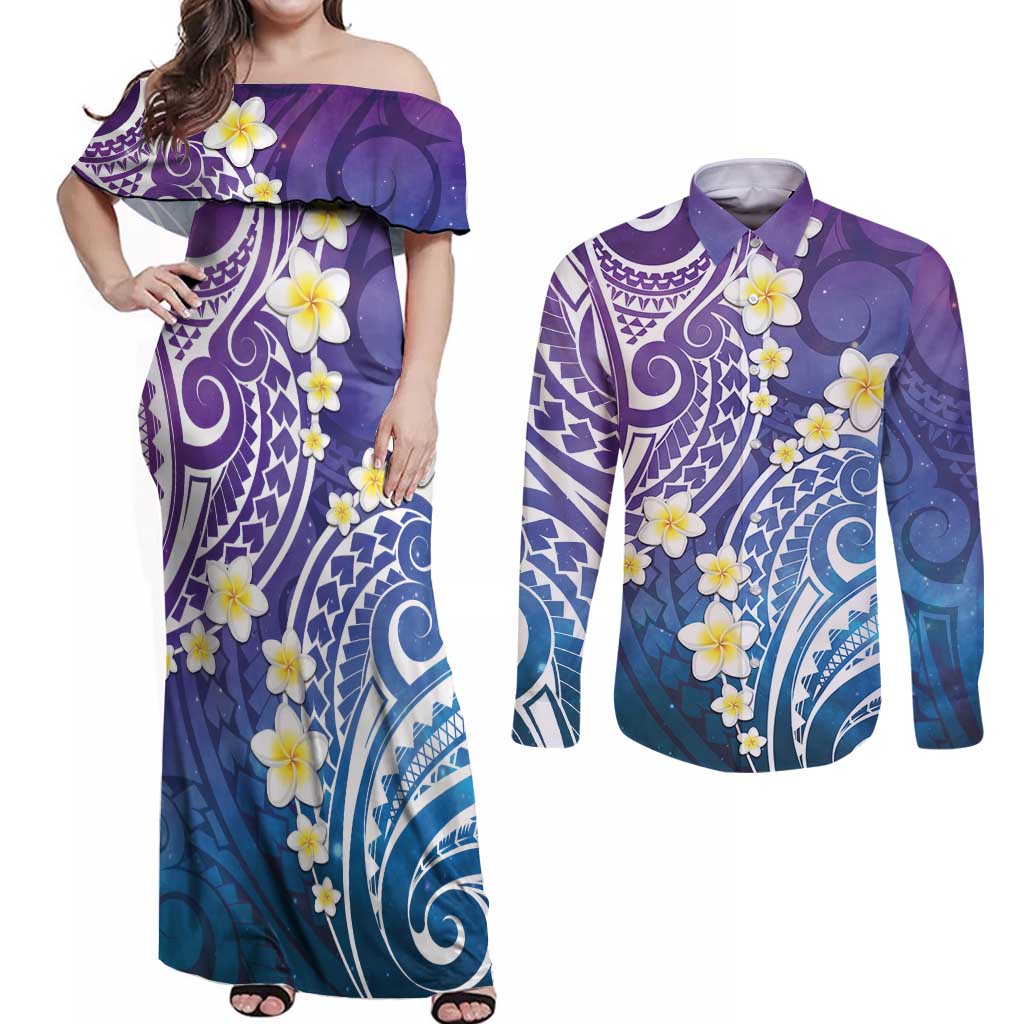 Plumeria With Galaxy Polynesian Tattoo Pattern Couples Matching Off Shoulder Maxi Dress and Long Sleeve Button Shirt