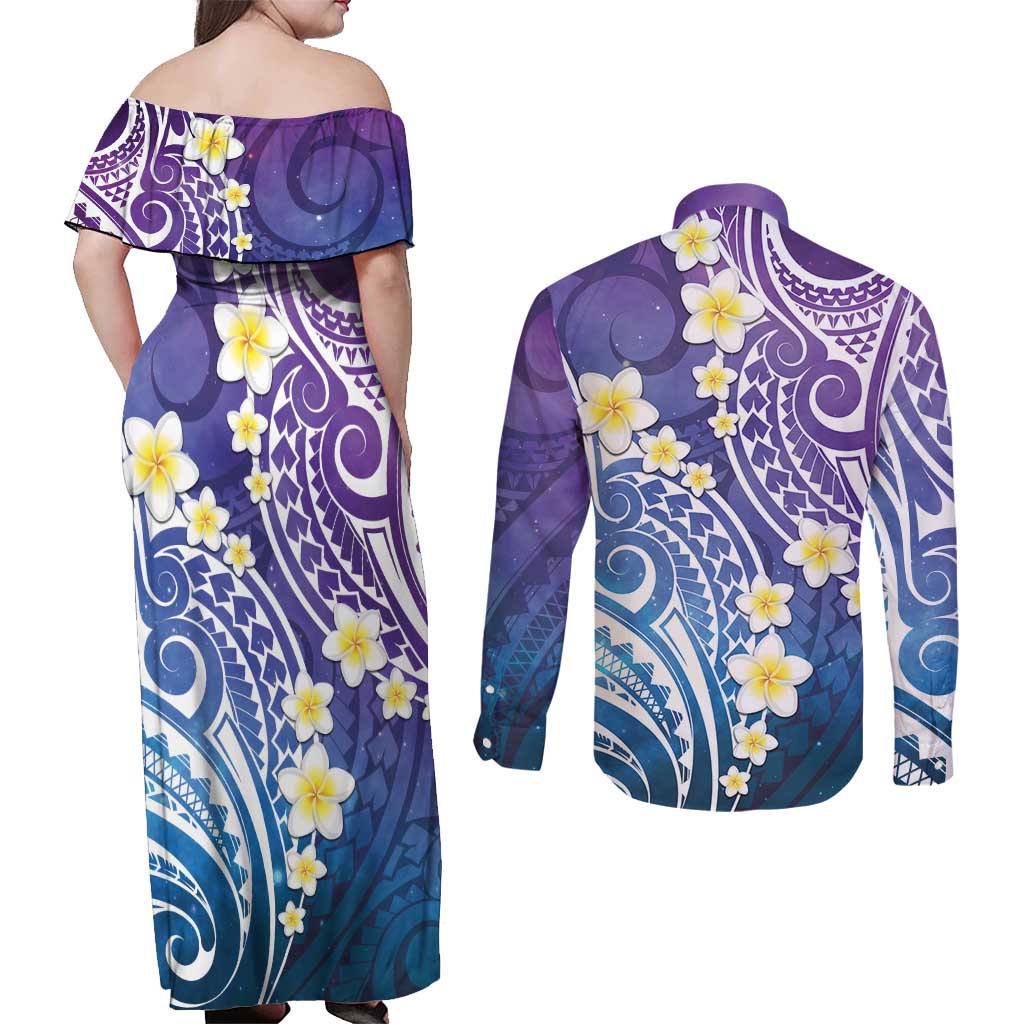 Plumeria With Galaxy Polynesian Tattoo Pattern Couples Matching Off Shoulder Maxi Dress and Long Sleeve Button Shirt