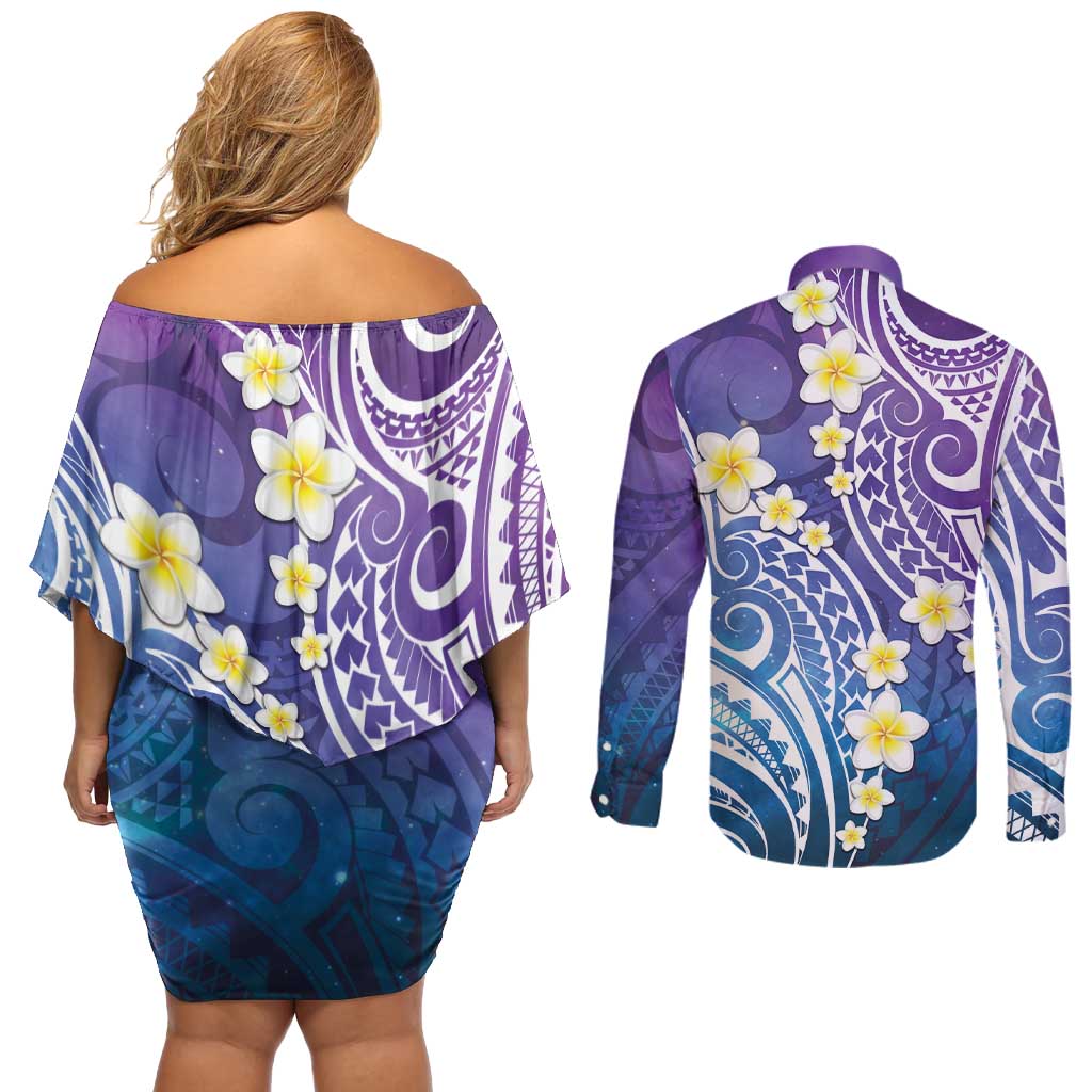 Plumeria With Galaxy Polynesian Tattoo Pattern Couples Matching Off Shoulder Short Dress and Long Sleeve Button Shirt