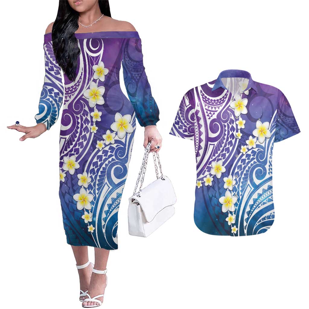 Plumeria With Galaxy Polynesian Tattoo Pattern Couples Matching Off The Shoulder Long Sleeve Dress and Hawaiian Shirt