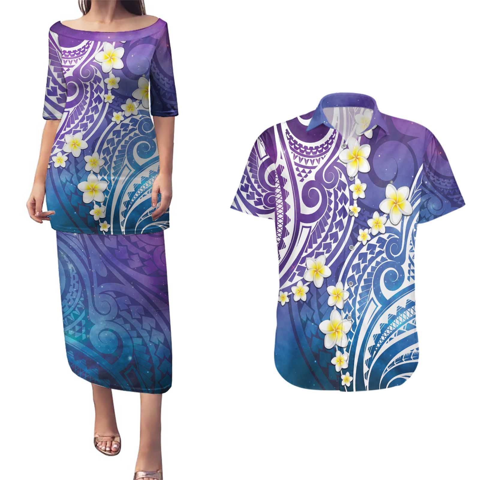 Plumeria With Galaxy Polynesian Tattoo Pattern Couples Matching Puletasi and Hawaiian Shirt