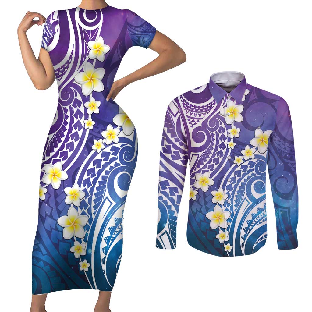 Plumeria With Galaxy Polynesian Tattoo Pattern Couples Matching Short Sleeve Bodycon Dress and Long Sleeve Button Shirt