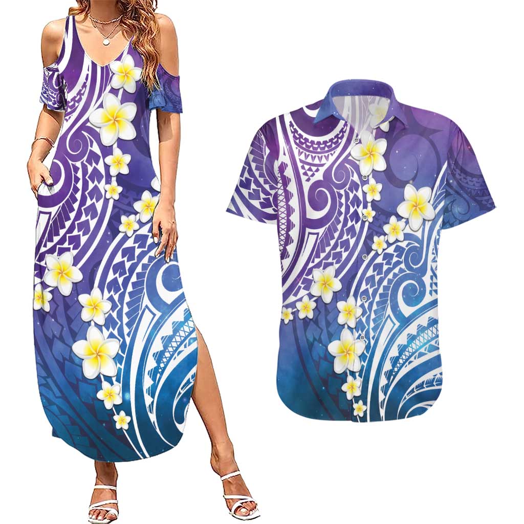 Plumeria With Galaxy Polynesian Tattoo Pattern Couples Matching Summer Maxi Dress and Hawaiian Shirt