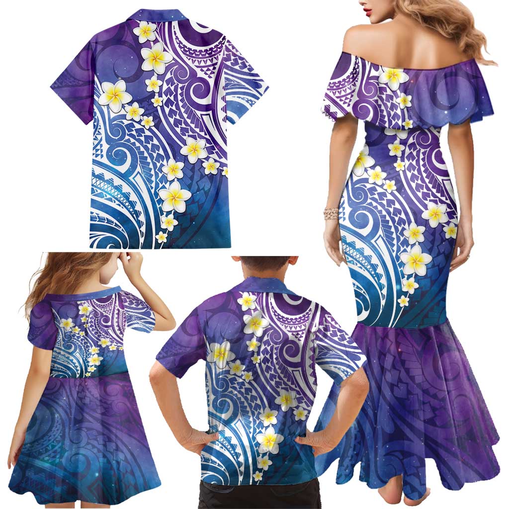 Plumeria With Galaxy Polynesian Tattoo Pattern Family Matching Mermaid Dress and Hawaiian Shirt