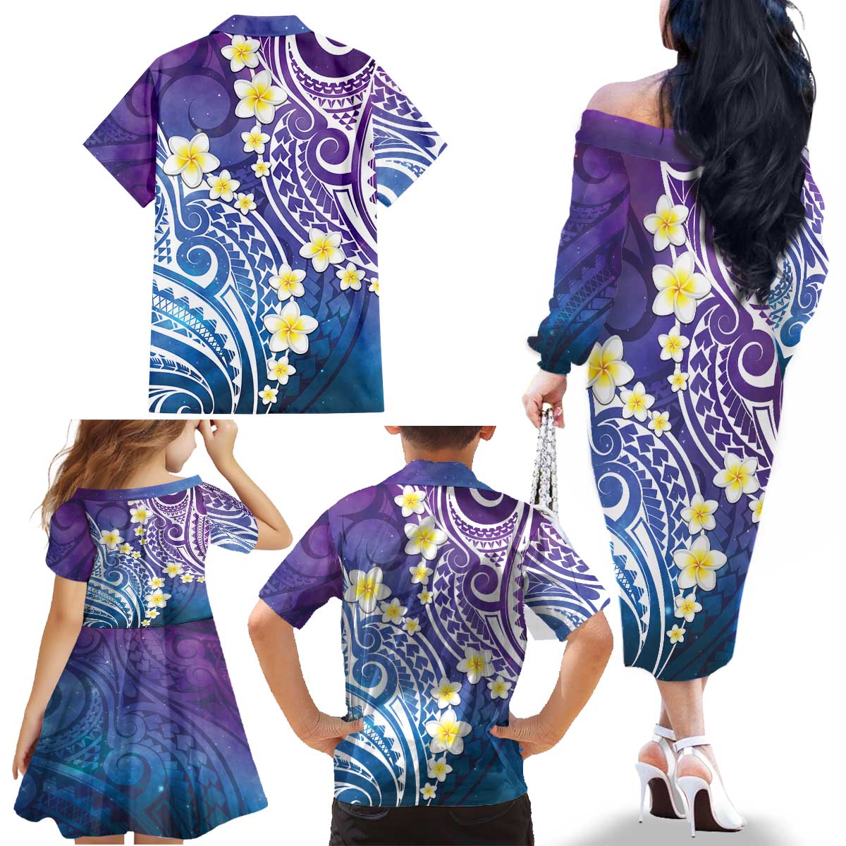 Plumeria With Galaxy Polynesian Tattoo Pattern Family Matching Off The Shoulder Long Sleeve Dress and Hawaiian Shirt