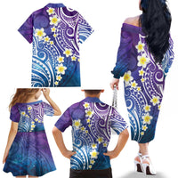 Plumeria With Galaxy Polynesian Tattoo Pattern Family Matching Off The Shoulder Long Sleeve Dress and Hawaiian Shirt