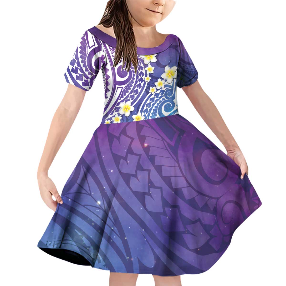 Plumeria With Galaxy Polynesian Tattoo Pattern Family Matching Off Shoulder Short Dress and Hawaiian Shirt LT05 Daughter's Dress Galaxy - Polynesian Pride