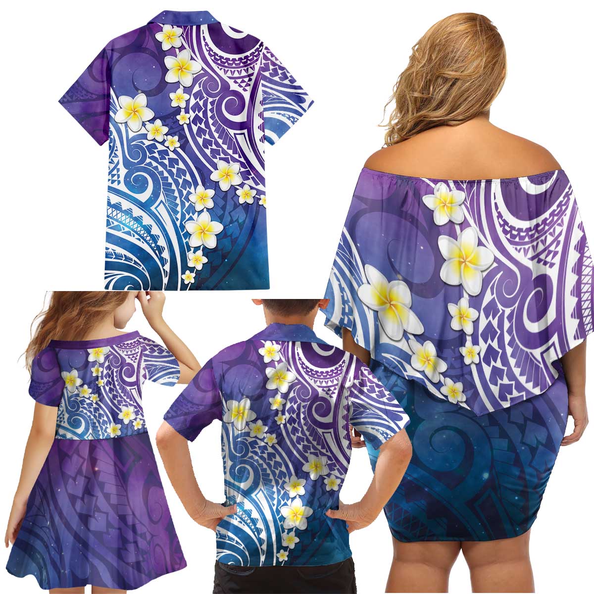 Plumeria With Galaxy Polynesian Tattoo Pattern Family Matching Off Shoulder Short Dress and Hawaiian Shirt LT05 - Polynesian Pride