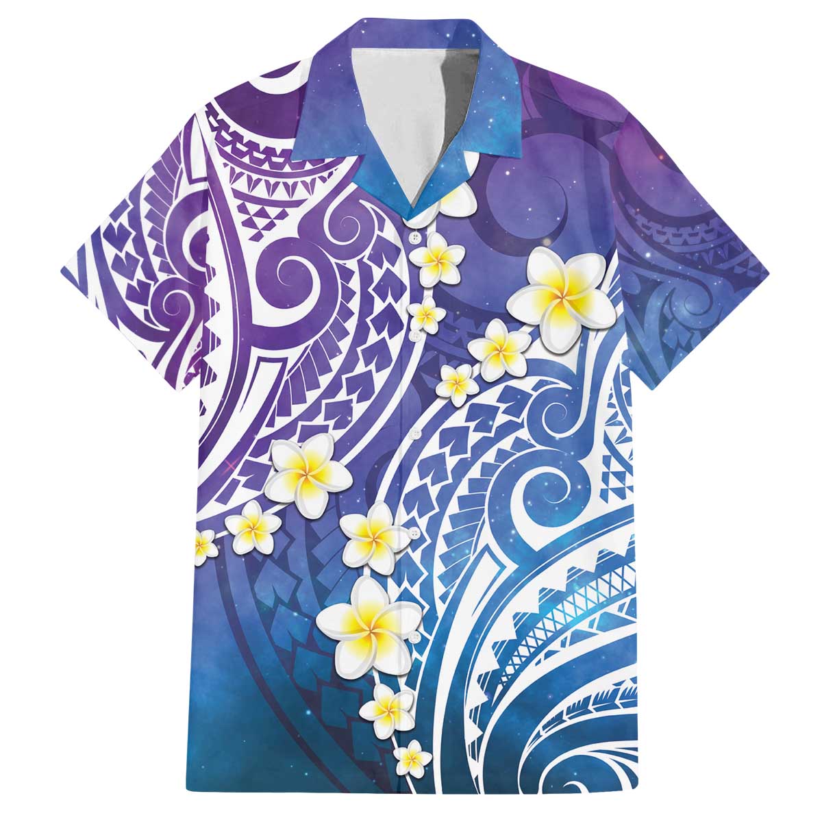 Plumeria With Galaxy Polynesian Tattoo Pattern Family Matching Off Shoulder Short Dress and Hawaiian Shirt LT05 Dad's Shirt - Short Sleeve Galaxy - Polynesian Pride