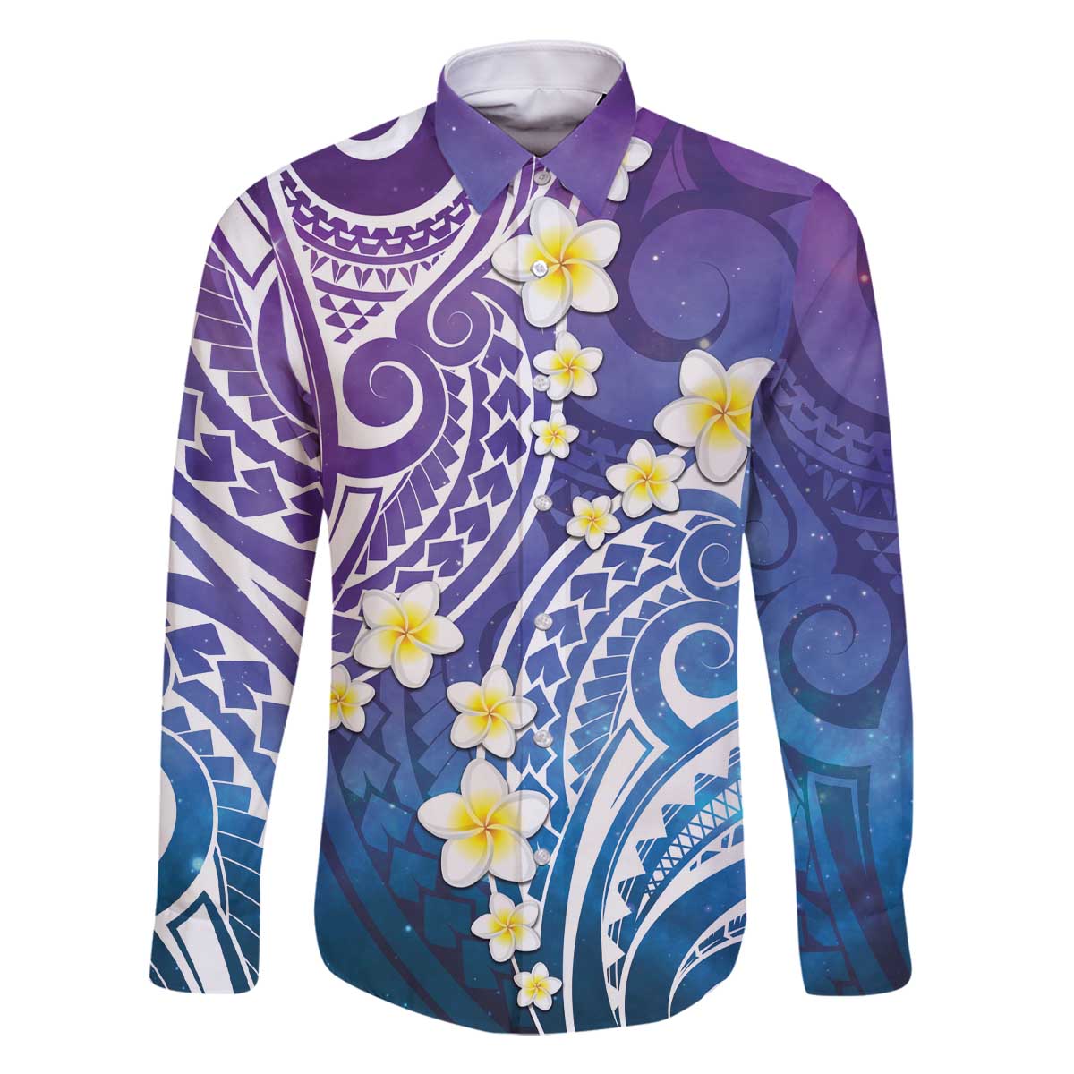 Plumeria With Galaxy Polynesian Tattoo Pattern Family Matching Off Shoulder Short Dress and Hawaiian Shirt LT05 Dad's Shirt - Long Sleeve Galaxy - Polynesian Pride