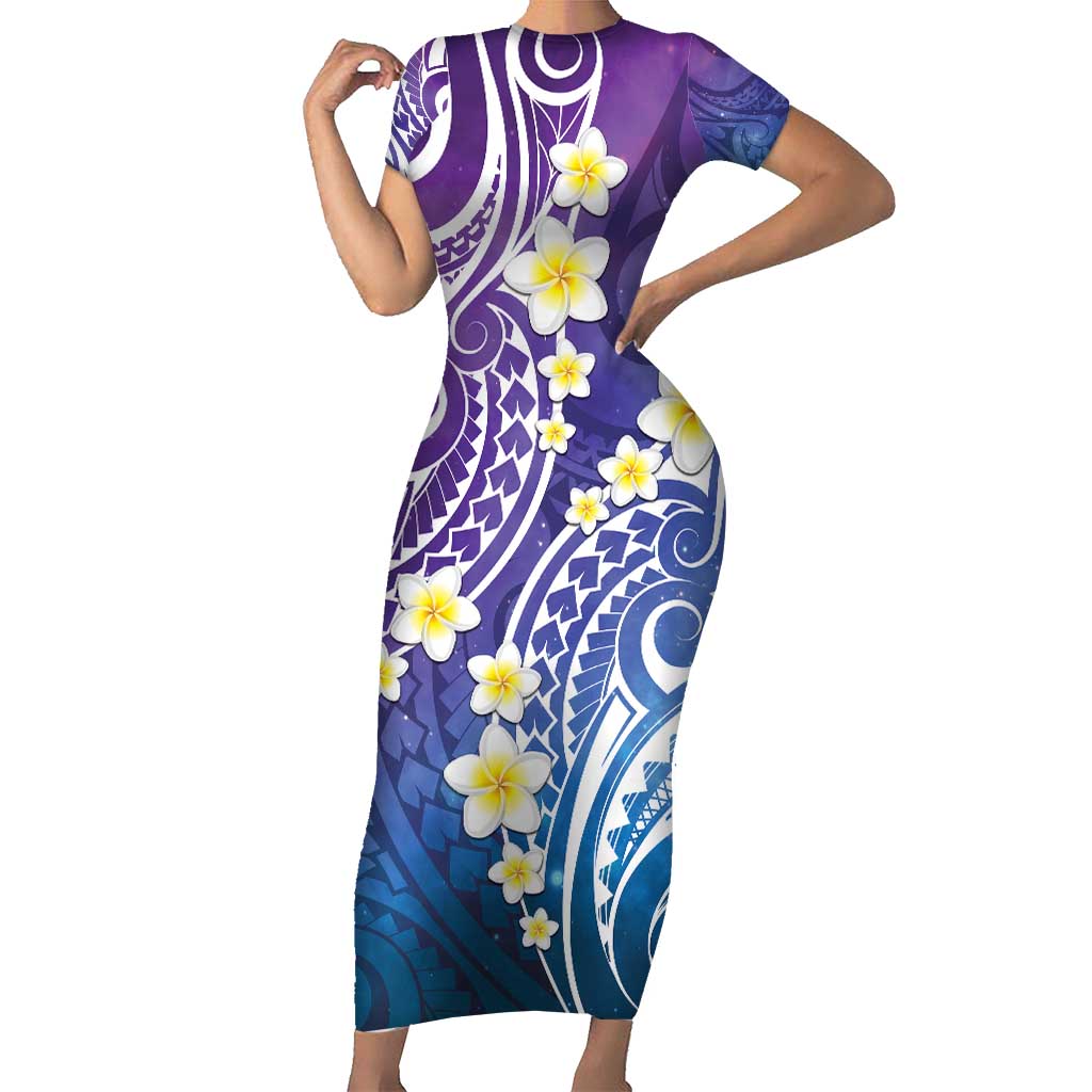 Plumeria With Galaxy Polynesian Tattoo Pattern Family Matching Short Sleeve Bodycon Dress and Hawaiian Shirt