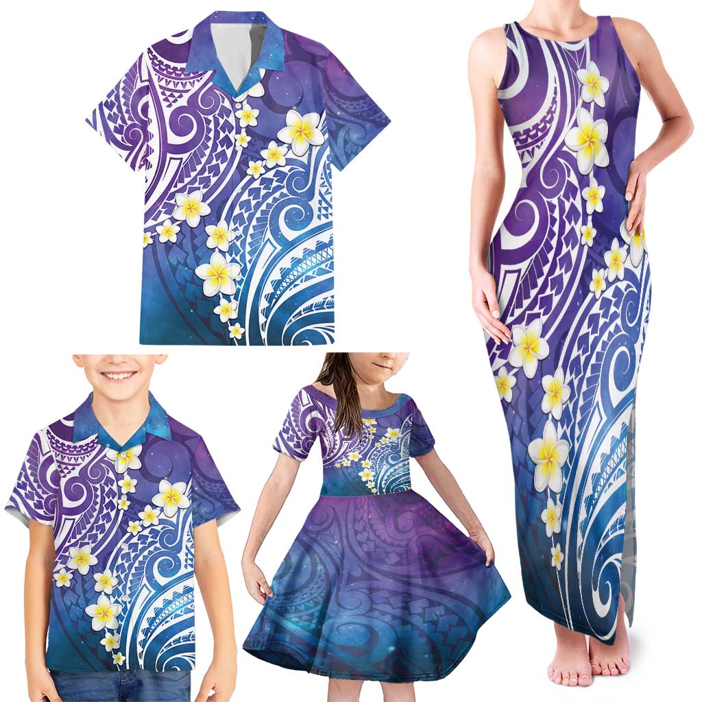 Plumeria With Galaxy Polynesian Tattoo Pattern Family Matching Tank Maxi Dress and Hawaiian Shirt LT05 - Polynesian Pride