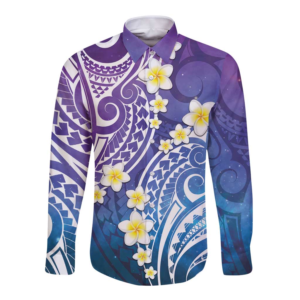 Plumeria With Galaxy Polynesian Tattoo Pattern Long Sleeve Button Shirt LT05 Unisex Galaxy - Polynesian Pride