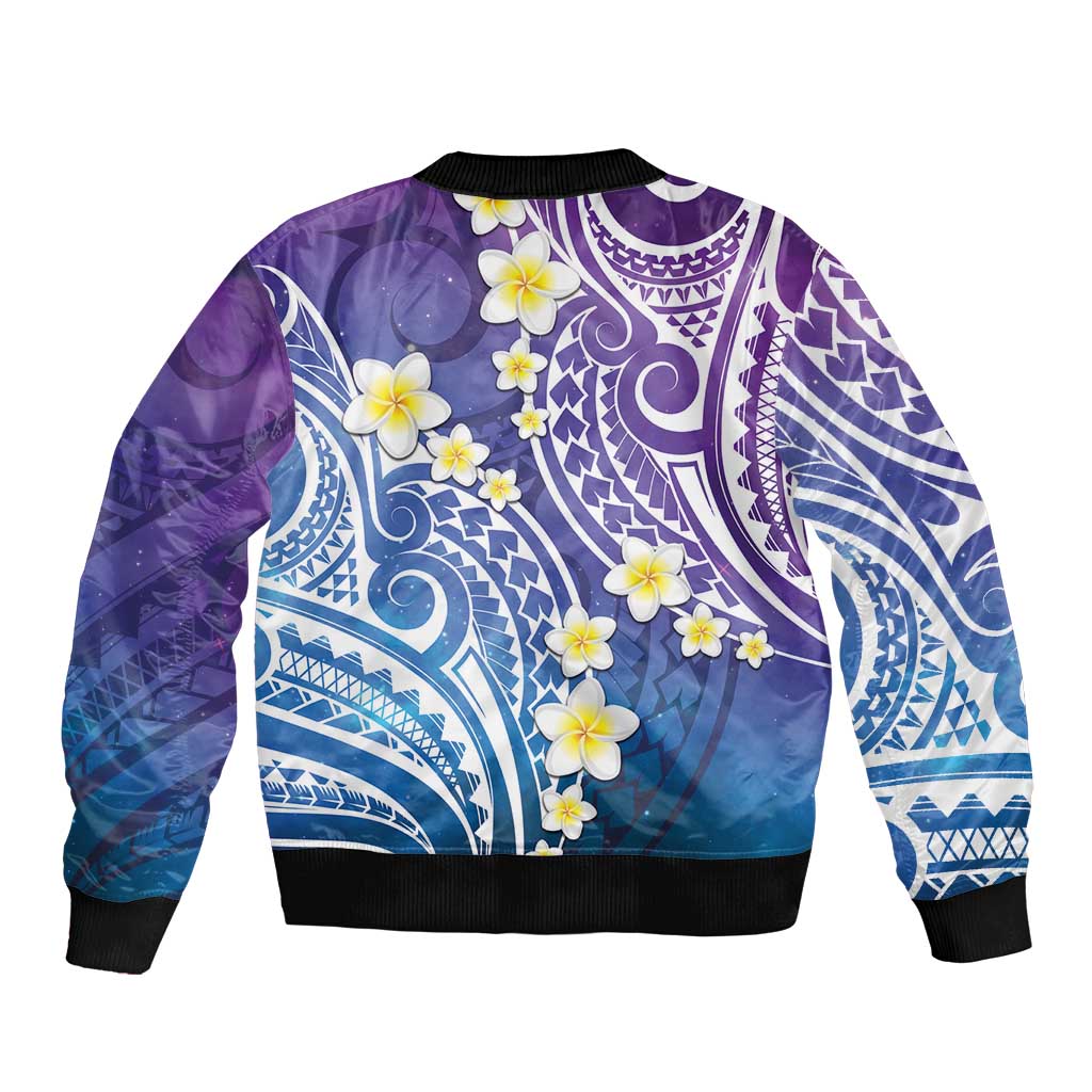 Plumeria With Galaxy Polynesian Tattoo Pattern Sleeve Zip Bomber Jacket