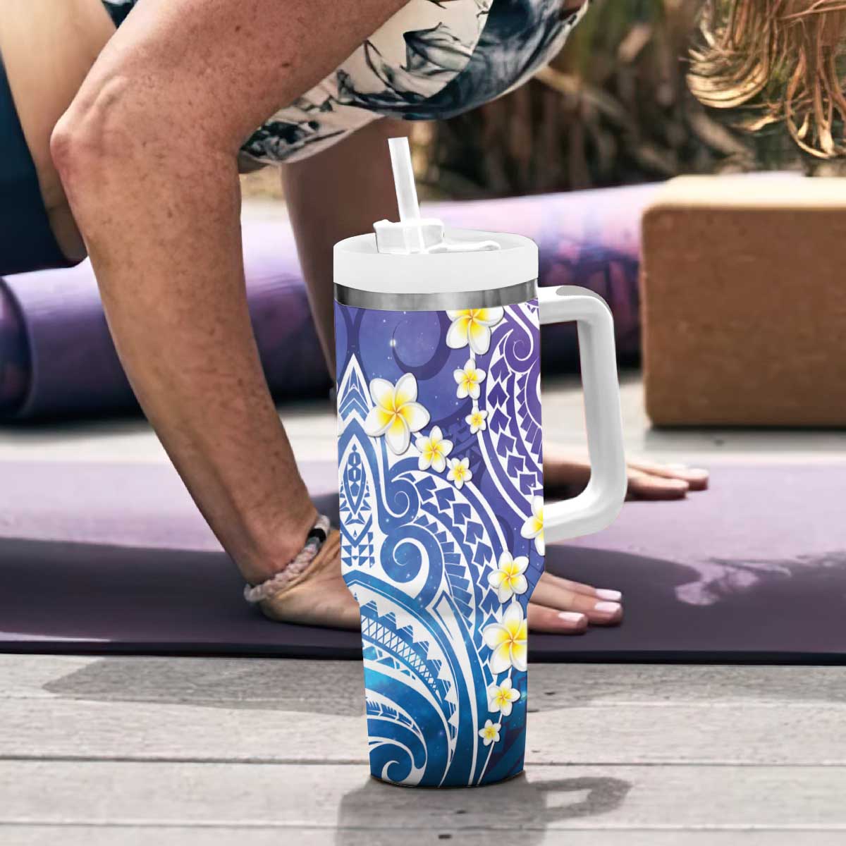 Plumeria With Galaxy Gradient Polynesian Tattoo Pattern Tumbler With Handle