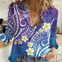 Plumeria With Galaxy Polynesian Tattoo Pattern Women Casual Shirt