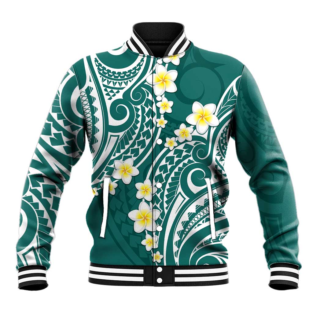 Plumeria With Teal Polynesian Tattoo Pattern Baseball Jacket LT05 Unisex Teal - Polynesian Pride