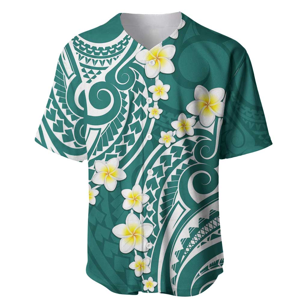 Plumeria With Teal Polynesian Tattoo Pattern Baseball Jersey LT05 Teal - Polynesian Pride