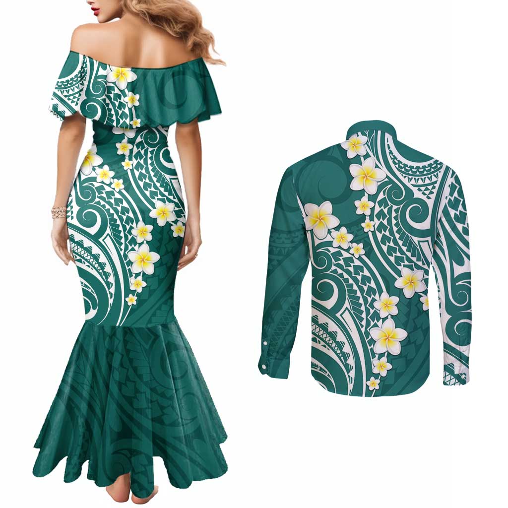 Plumeria With Teal Polynesian Tattoo Pattern Couples Matching Mermaid Dress and Long Sleeve Button Shirt