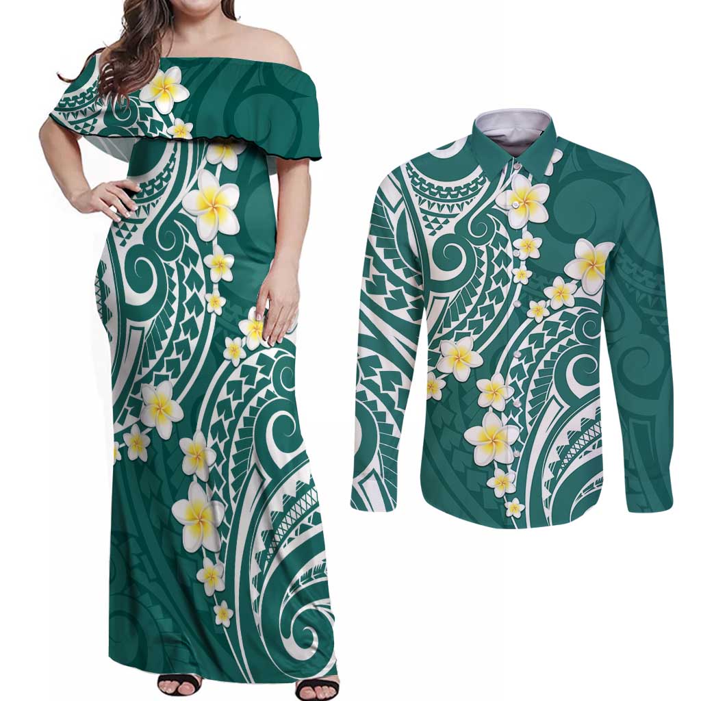Plumeria With Teal Polynesian Tattoo Pattern Couples Matching Off Shoulder Maxi Dress and Long Sleeve Button Shirt