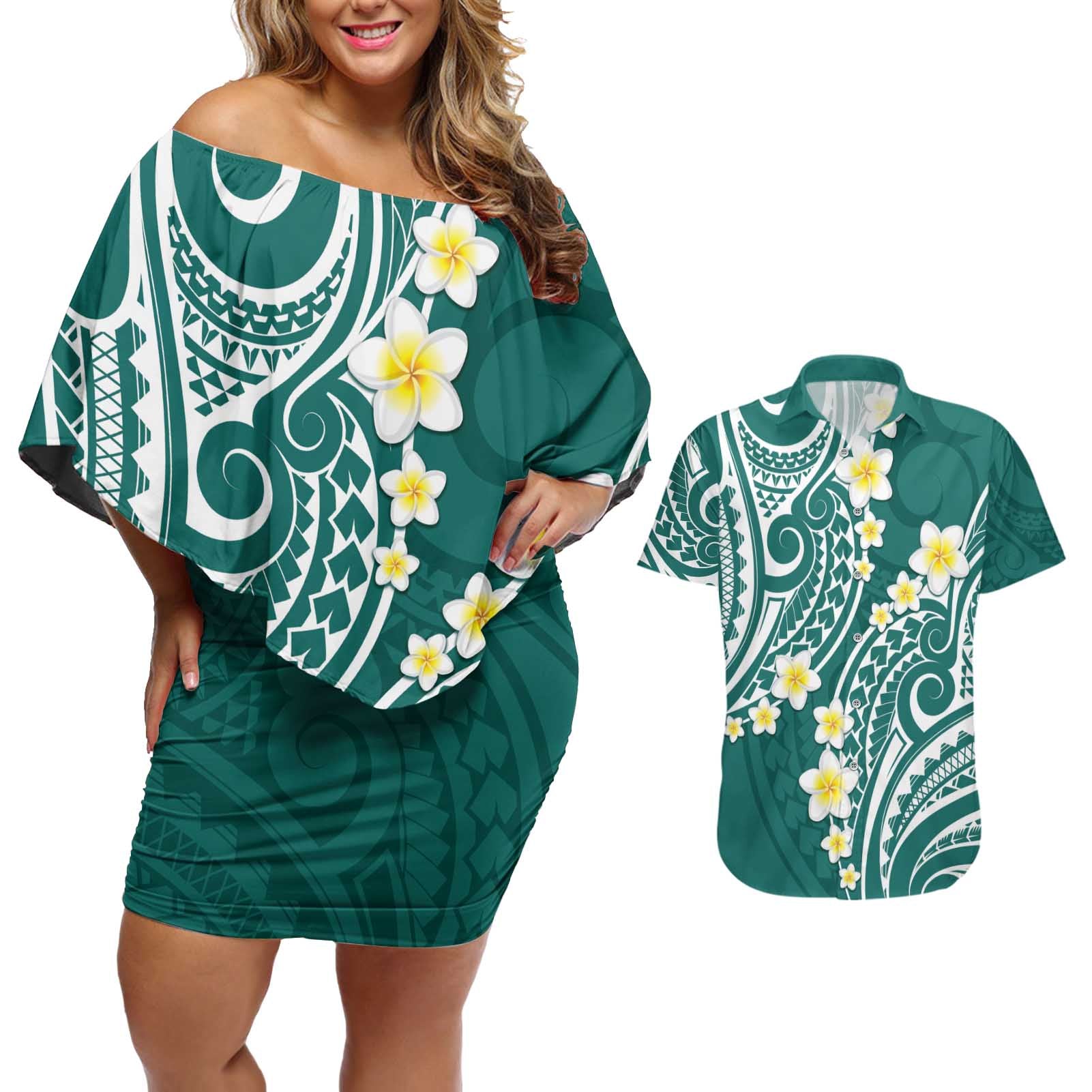 Plumeria With Teal Polynesian Tattoo Pattern Couples Matching Off Shoulder Short Dress and Hawaiian Shirt