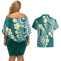 Plumeria With Teal Polynesian Tattoo Pattern Couples Matching Off Shoulder Short Dress and Hawaiian Shirt
