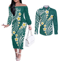 Plumeria With Teal Polynesian Tattoo Pattern Couples Matching Off The Shoulder Long Sleeve Dress and Long Sleeve Button Shirt