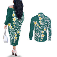 Plumeria With Teal Polynesian Tattoo Pattern Couples Matching Off The Shoulder Long Sleeve Dress and Long Sleeve Button Shirt