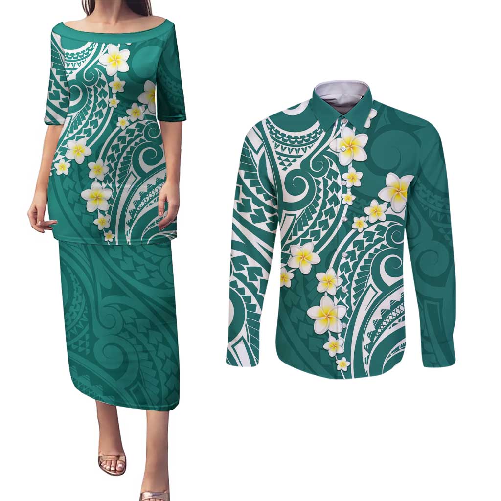 Plumeria With Teal Polynesian Tattoo Pattern Couples Matching Puletasi and Long Sleeve Button Shirt