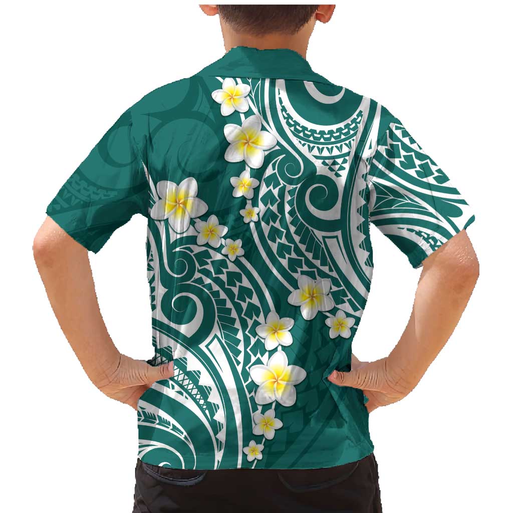 Plumeria With Teal Polynesian Tattoo Pattern Family Matching Mermaid Dress and Hawaiian Shirt