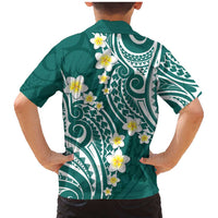 Plumeria With Teal Polynesian Tattoo Pattern Family Matching Mermaid Dress and Hawaiian Shirt