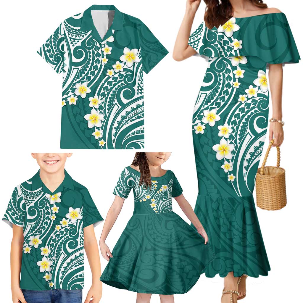 Plumeria With Teal Polynesian Tattoo Pattern Family Matching Mermaid Dress and Hawaiian Shirt