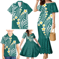 Plumeria With Teal Polynesian Tattoo Pattern Family Matching Mermaid Dress and Hawaiian Shirt